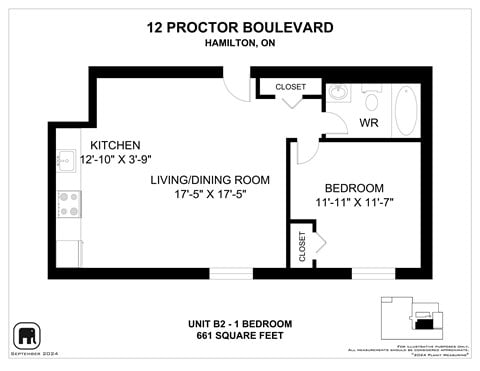 Floor plan for 1 bed, 1 bath, 700 sqft